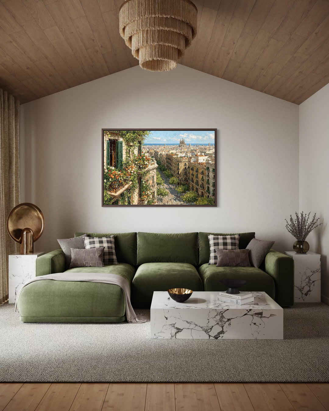 Framed impressionistic canvas print of a Barcelona cityscape with a floral balcony in a living room.