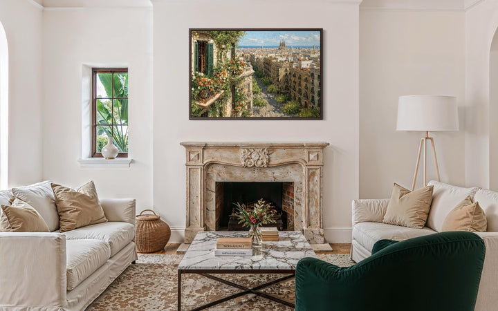 Barcelona Cityscape canvas print with floral balcony view hanging above a fireplace in a living room