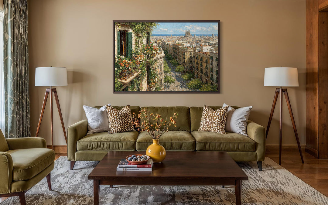 Barcelona Cityscape wall art above a green velvet sofa in a warm, Mediterranean-style living room.