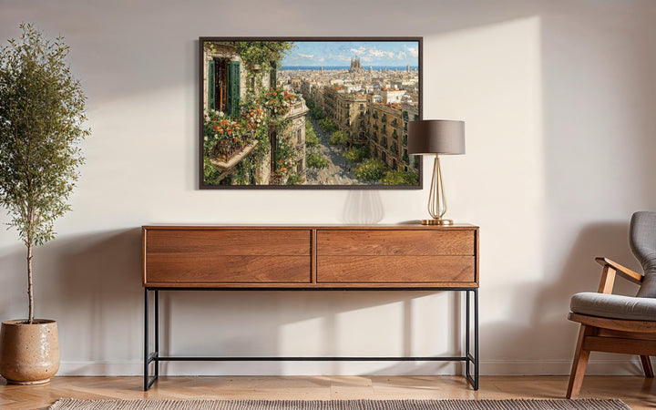 Barcelona cityscape canvas print featuring a floral balcony view over a sun-drenched European street.