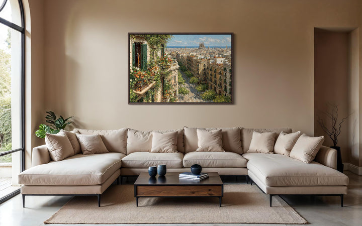 Barcelona Cityscape wall art featuring a floral balcony overlooking a sun-drenched European street.