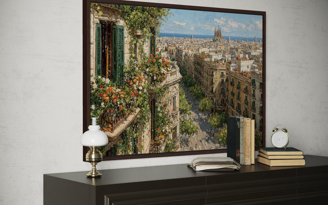Impressionistic Barcelona cityscape canvas print featuring a floral balcony and distant cathedral.