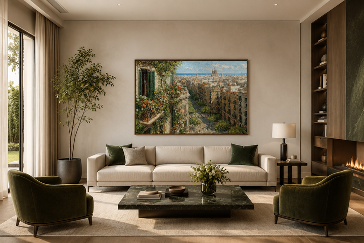 Impressionistic Barcelona cityscape canvas print featuring a floral balcony view in a living room.