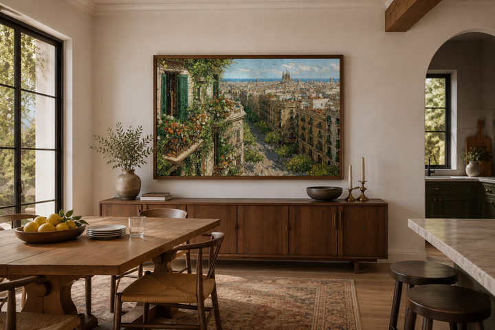 Barcelona Cityscape wall art featuring a floral balcony view over a European street painting.