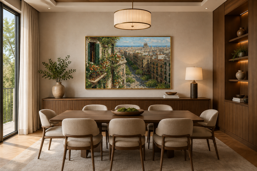 Barcelona Cityscape canvas print with a floral balcony view above a dining table in a modern room.