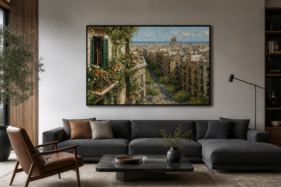 Barcelona Cityscape wall art canvas print featuring a floral balcony view over a European street.
