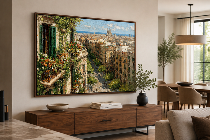 Barcelona Cityscape Wall Art featuring a floral balcony view over a sun-drenched European street.