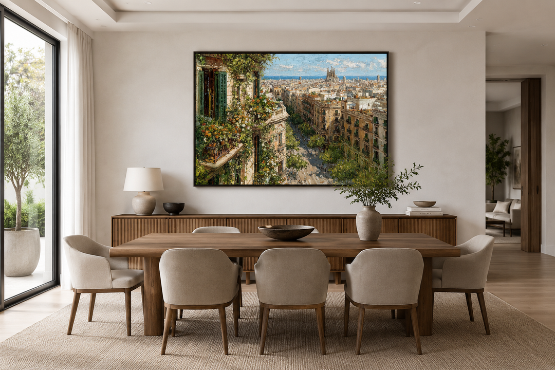Barcelona Cityscape canvas print featuring a floral balcony view over a Mediterranean city.