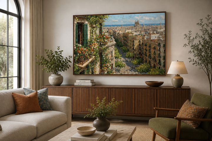 Barcelona Cityscape wall art canvas print featuring a floral balcony view over European streets.