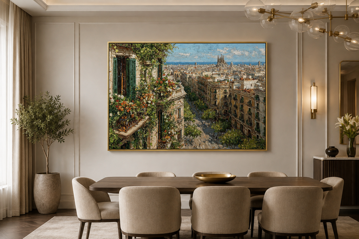 Impressionist Barcelona cityscape canvas print with floral balcony in a modern dining room.