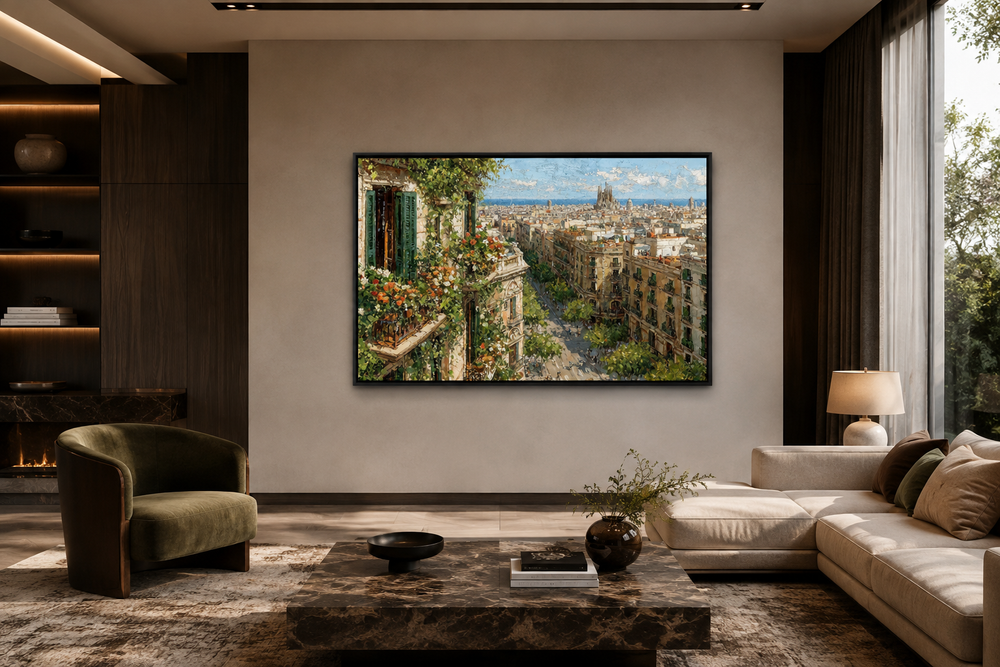 Impressionist Barcelona cityscape canvas print featuring a floral balcony overlooking city streets.