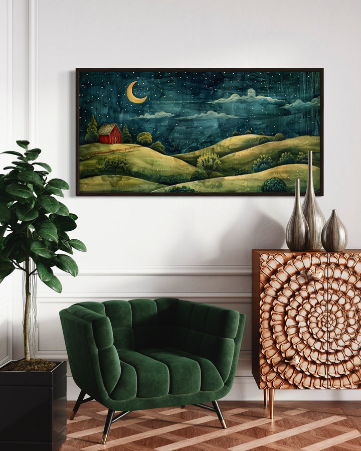 Barn And Green Farm Landscape At Night With Stars And Crescent Moon Wall Art