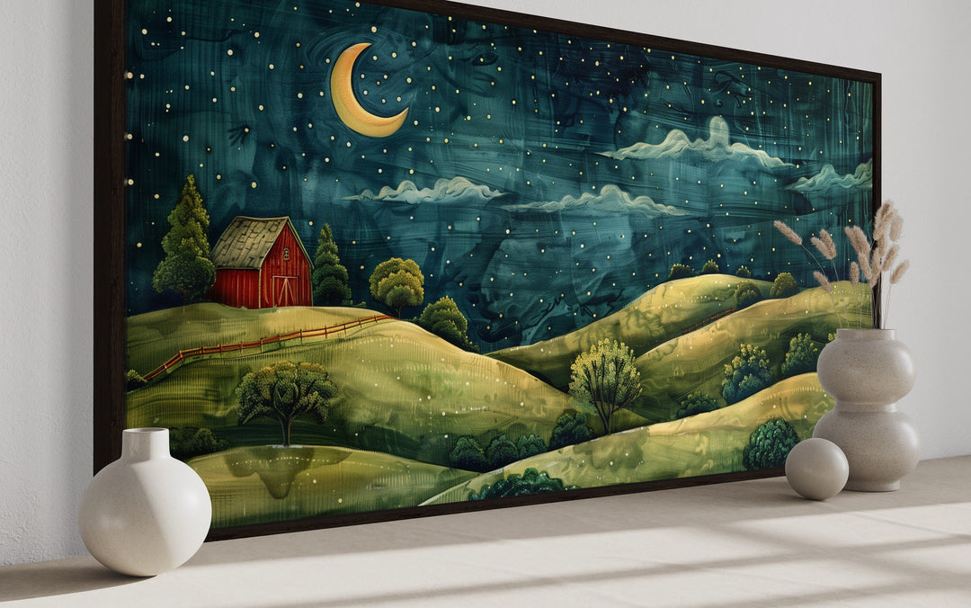 Barn And Green Farm Landscape At Night With Stars And Crescent Moon Wall Art