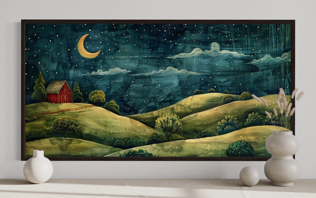 Barn And Green Farm Landscape At Night With Stars And Crescent Moon Wall Art