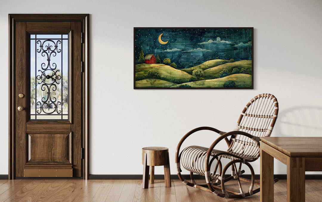 Barn And Green Farm Landscape At Night With Stars And Crescent Moon Wall Art