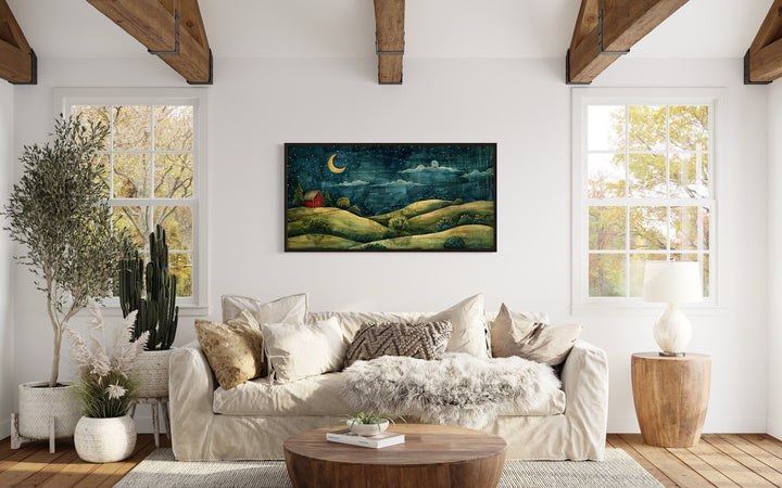 Barn And Green Farm Landscape At Night With Stars And Crescent Moon Wall Art