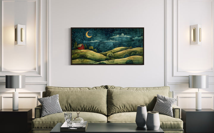 Barn And Green Farm Landscape At Night With Stars And Crescent Moon Wall Art