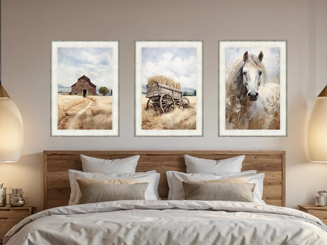 Barn, Horse, and Wagon Set of 3 Farmhouse Wall Art In Barnwood Frame