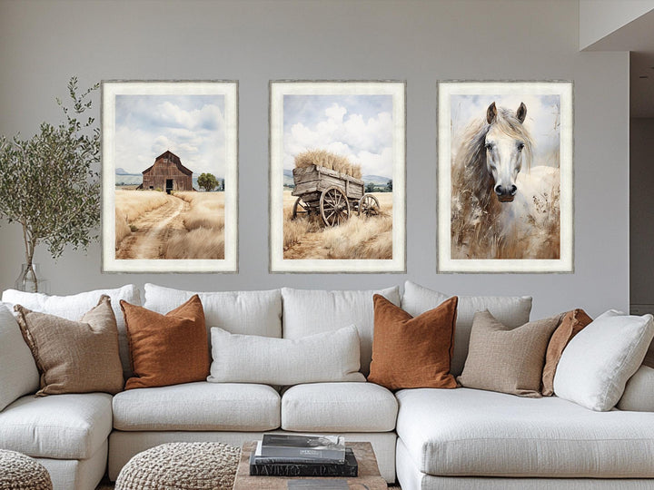 Barn, Horse, and Wagon Set of 3 Farmhouse Wall Art In Barnwood Frame
