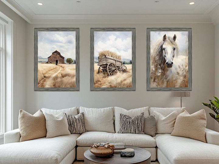 Barn, Horse, and Wagon Set of 3 Farmhouse Wall Art In Barnwood Frame