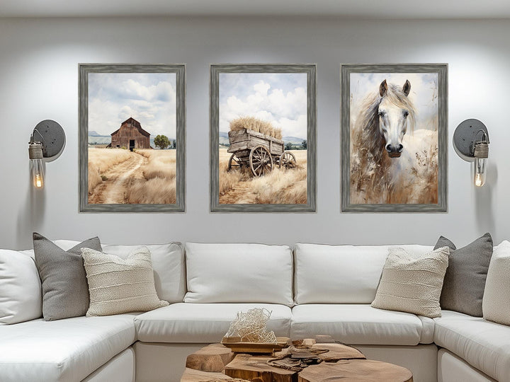 Barn, Horse, and Wagon Set of 3 Farmhouse Wall Art In Barnwood Frame