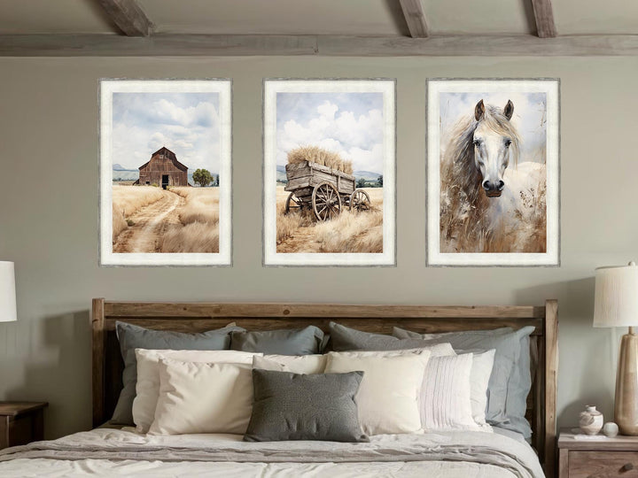 Barn, Horse, and Wagon Set of 3 Farmhouse Wall Art In Barnwood Frame