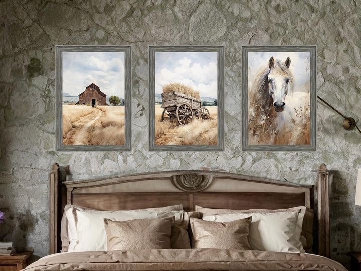 Barn, Horse, and Wagon Set of 3 Farmhouse Wall Art In Barnwood Frame