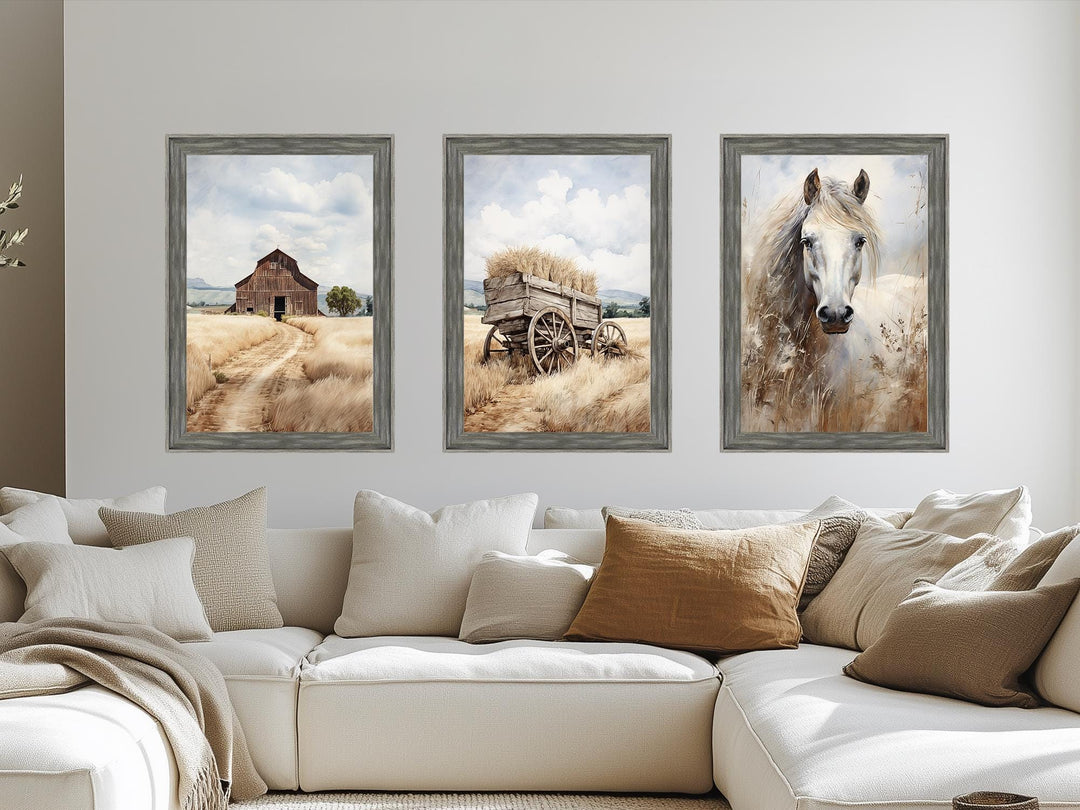 Barn, Horse, and Wagon Set of 3 Farmhouse Wall Art In Barnwood Frame