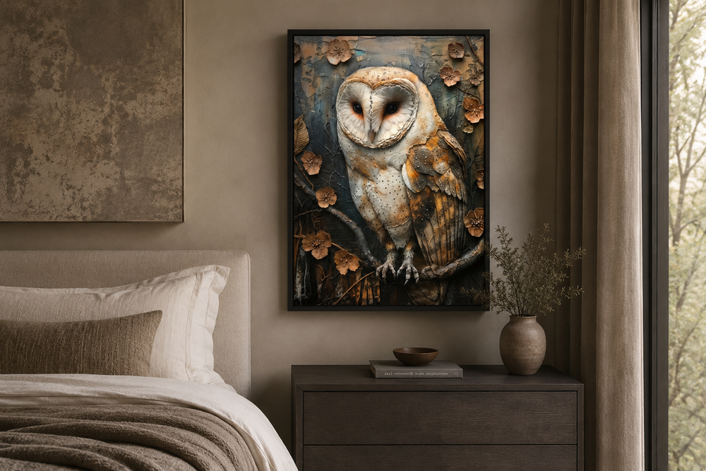 Barn Owl Rustic Farmhouse Framed Canvas Wall Art hanging above a dark wood dresser in a bedroom.