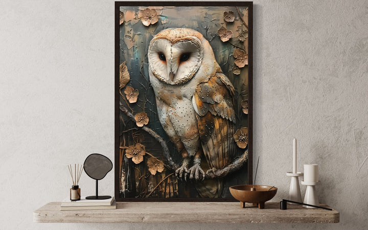 Barn Owl Rustic Farmhouse Framed Canvas Wall Art displayed on a wooden shelf with decor.