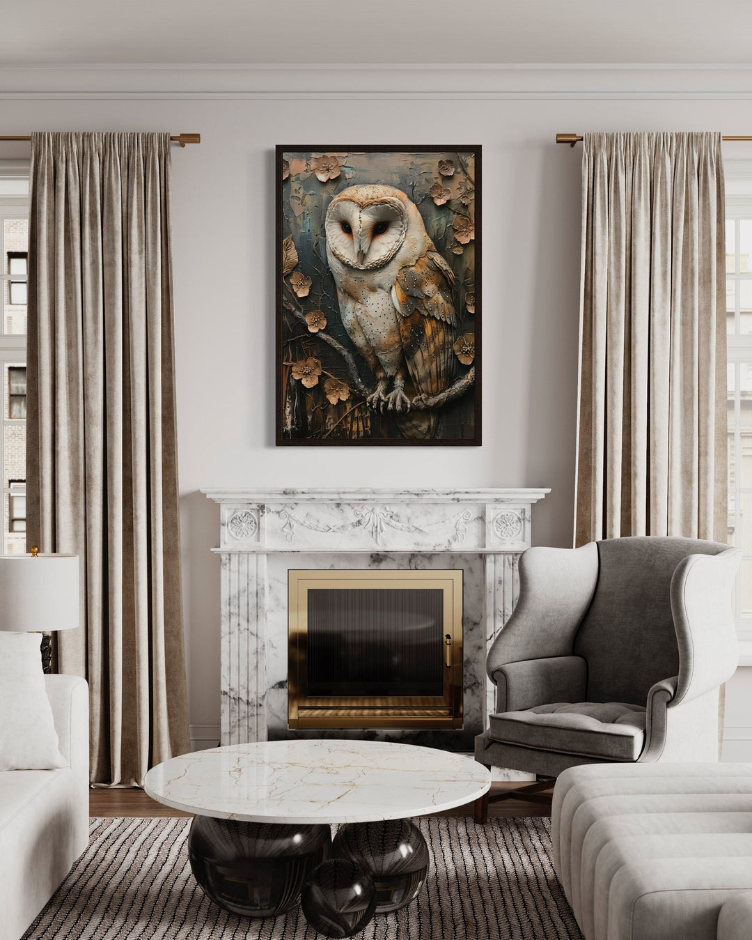 Barn Owl Rustic Farmhouse Framed Canvas Wall Art hanging above a marble fireplace in a living room.