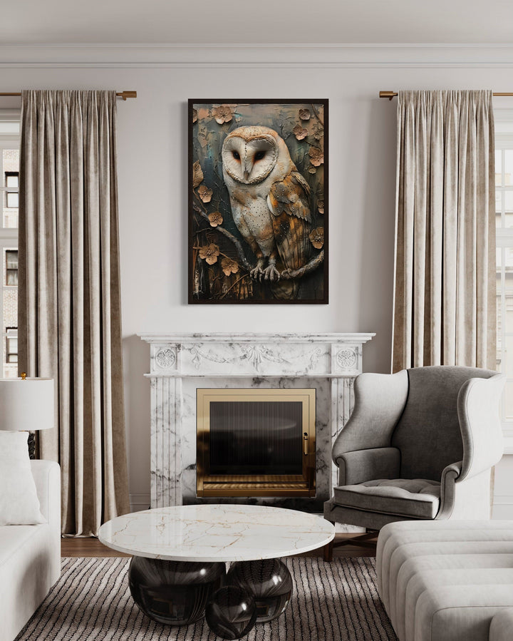 Barn Owl Rustic Farmhouse Framed Canvas Wall Art hanging above a marble fireplace in a living room.