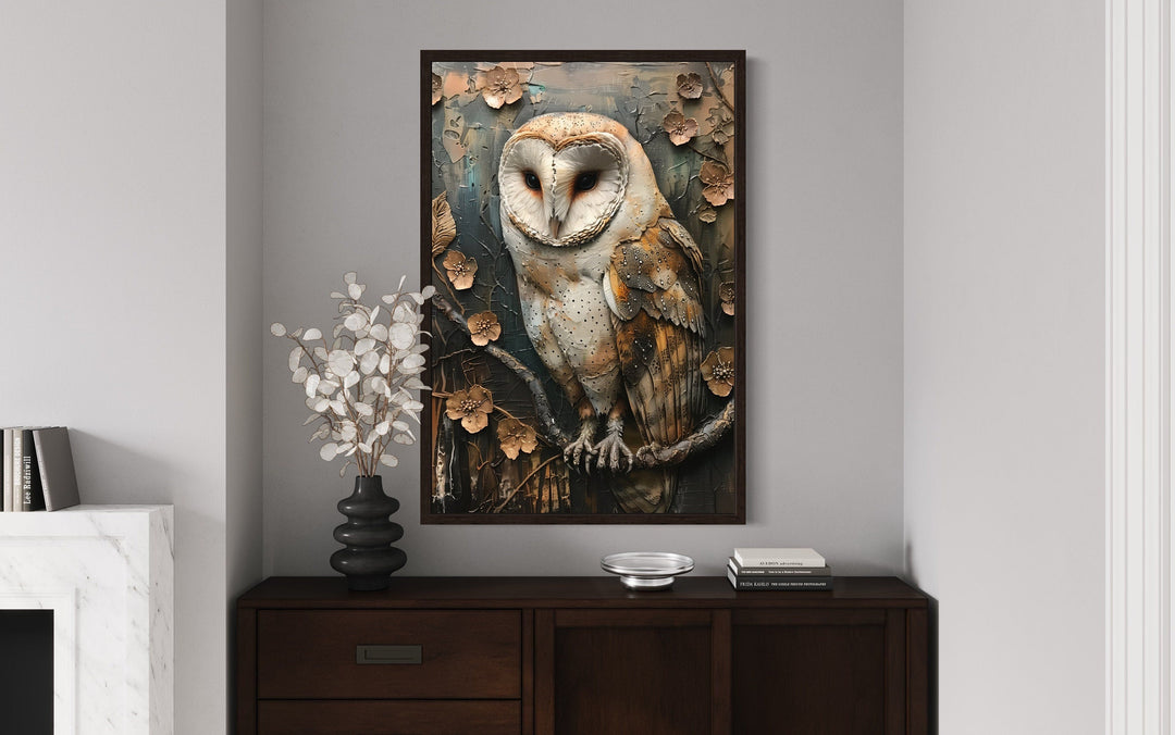 Barn owl rustic farmhouse framed canvas wall art hanging above a dark wood sideboard.