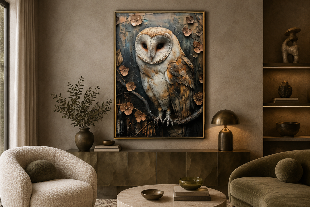 Barn Owl Rustic Farmhouse Framed Canvas Wall Art in a modern living room setting.
