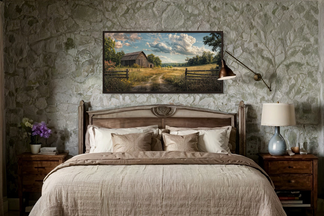 Barn Wall Art - Framed Canvas Print Featuring Rustic Old Barn Painting for Farmhouse Decor