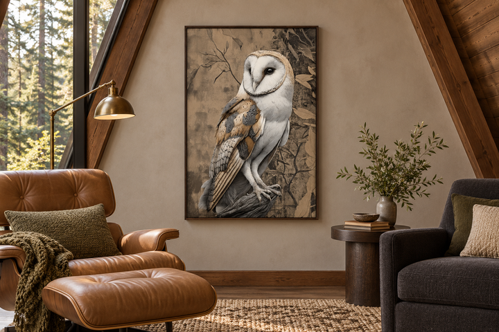 Barn owl framed canvas wall art in a rustic living room with a leather chair and wooden accents.