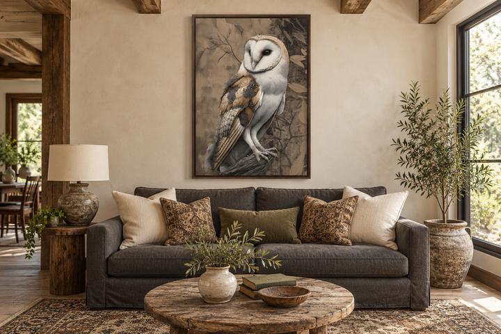 Barn Owl Framed Canvas Wall Art hanging above a dark gray sofa in a rustic living room.