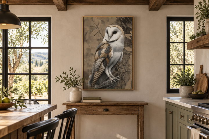 Barn Owl Framed Canvas Wall Art in a rustic dining room above a wooden console table.
