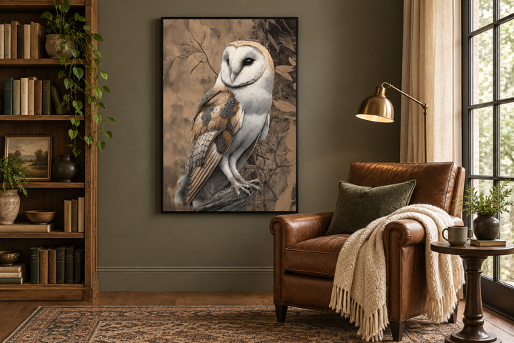 A vertical framed canvas wall art featuring a detailed barn owl in a cozy, rustic living room.