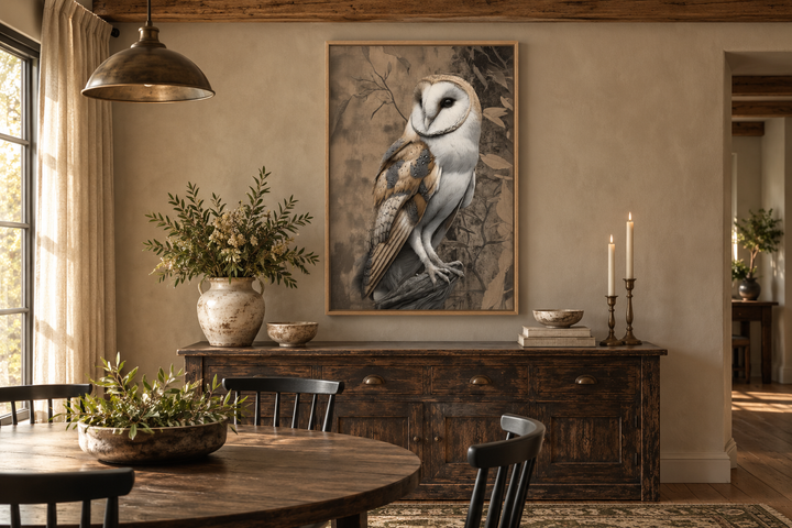 Barn Owl Framed Canvas Wall Art hanging above a rustic wooden sideboard in a dining room.
