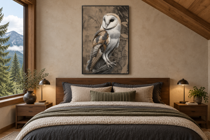 Barn Owl Framed Canvas Wall Art hanging above a bed in a rustic, modern bedroom.