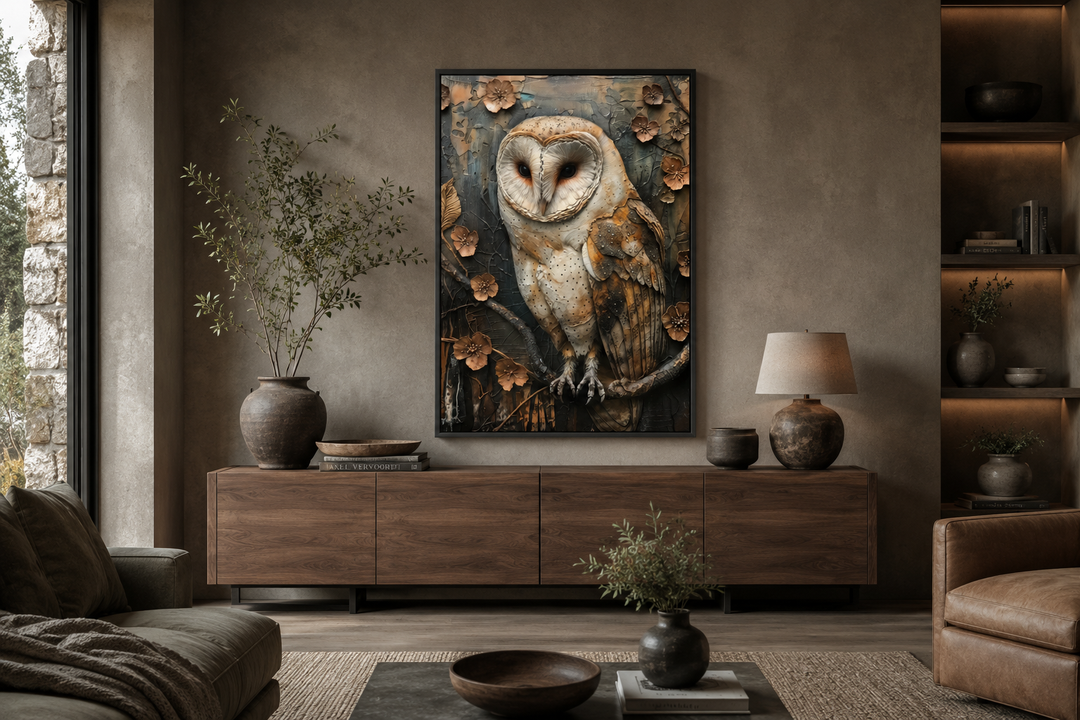 Barn owl rustic farmhouse framed canvas wall art with earthy tones hanging above a wooden sideboard.