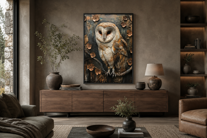 Barn owl rustic farmhouse framed canvas wall art with earthy tones hanging above a wooden sideboard.