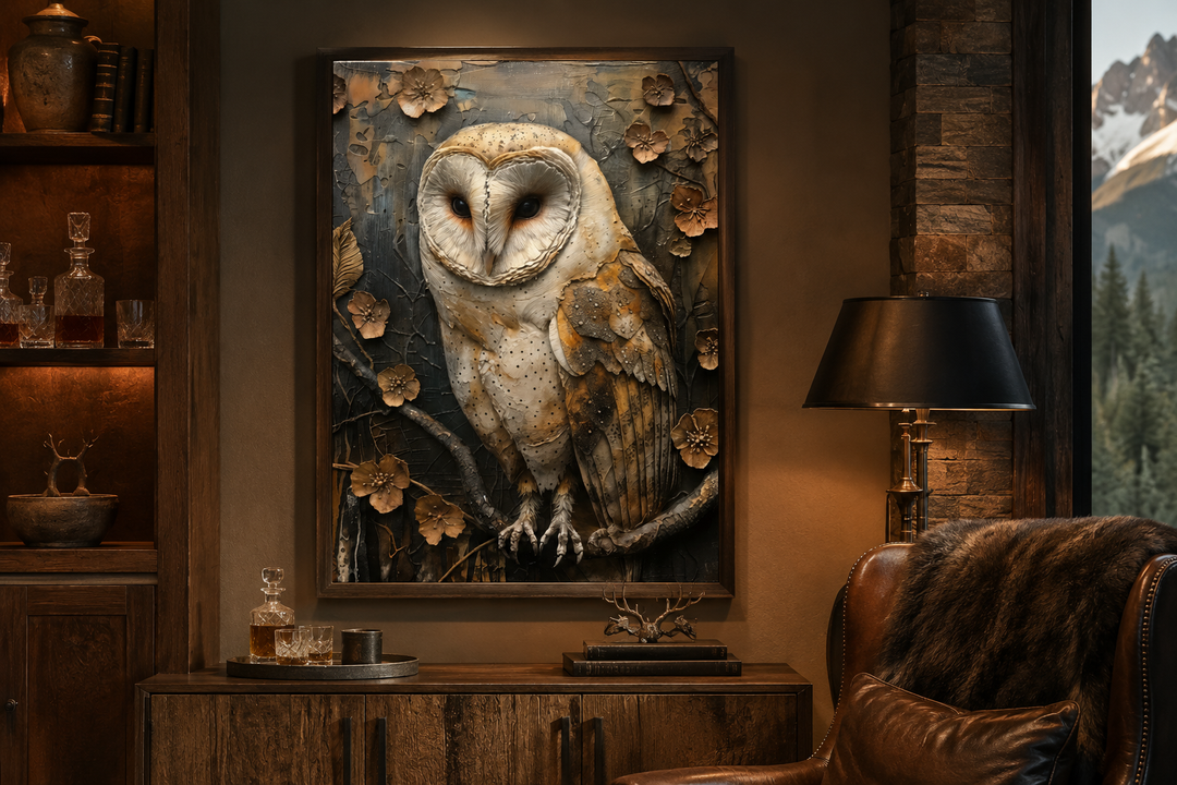 Framed canvas wall art of a textured barn owl in earthy tones, displayed in a rustic room setting.