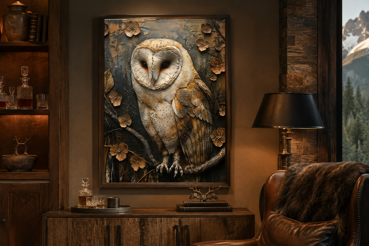 Framed canvas wall art of a textured barn owl in earthy tones, displayed in a rustic room setting.