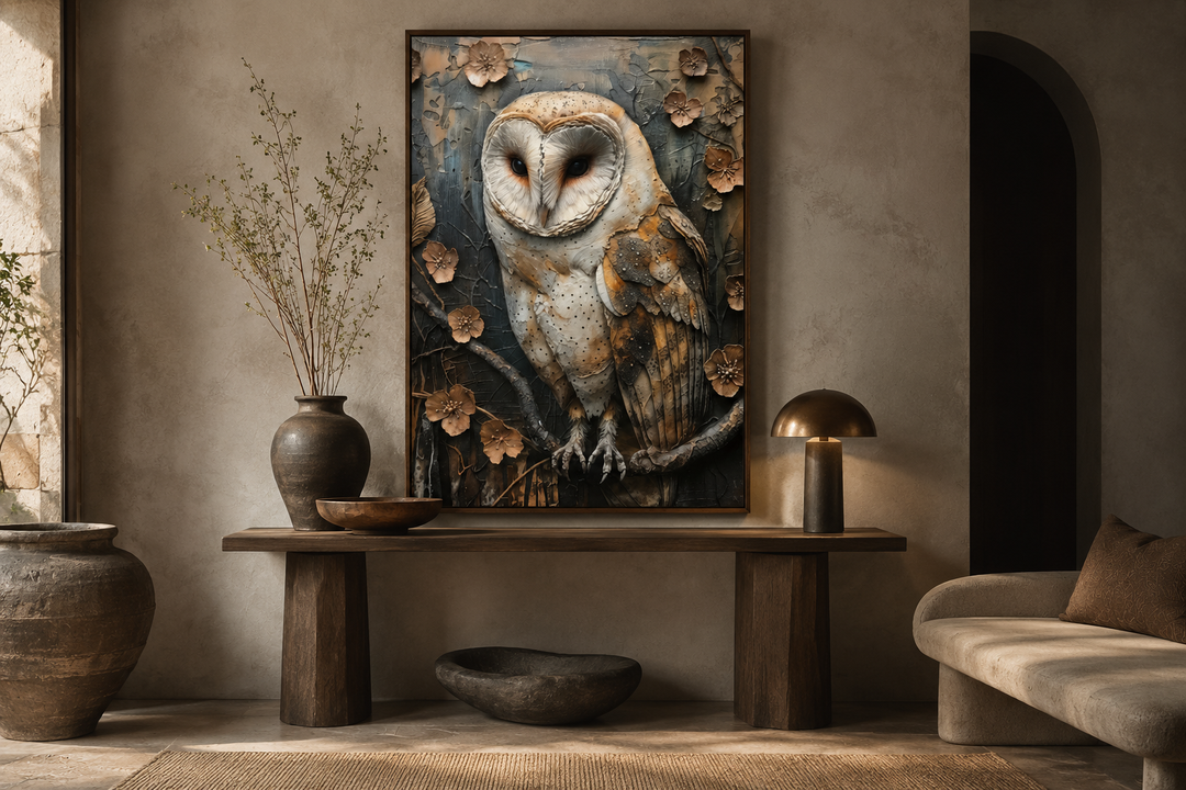 Barn owl rustic farmhouse framed canvas wall art displayed above a wooden console table.