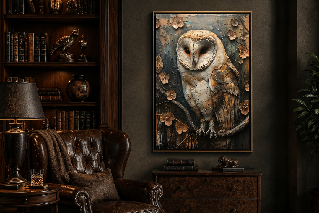 Barn Owl Rustic Farmhouse Framed Canvas Wall Art in a dark, wood-paneled study with leather chair.
