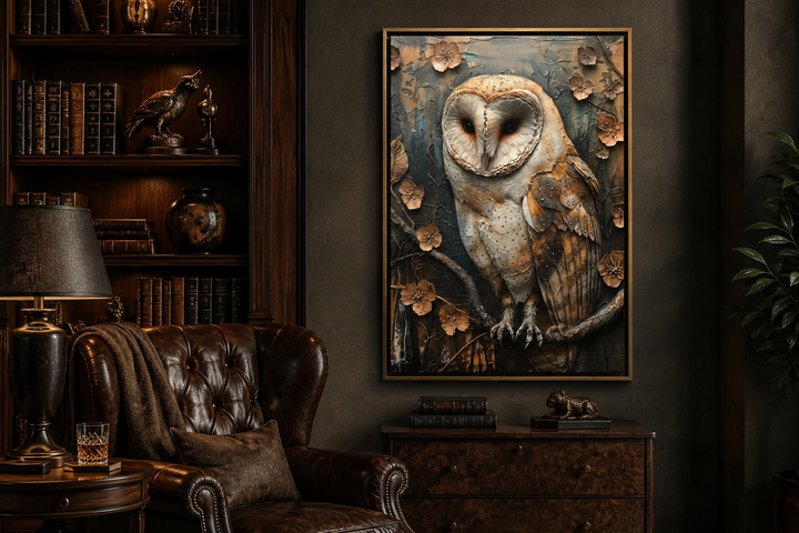 Barn Owl Rustic Farmhouse Framed Canvas Wall Art in a dark, wood-paneled study with leather chair.