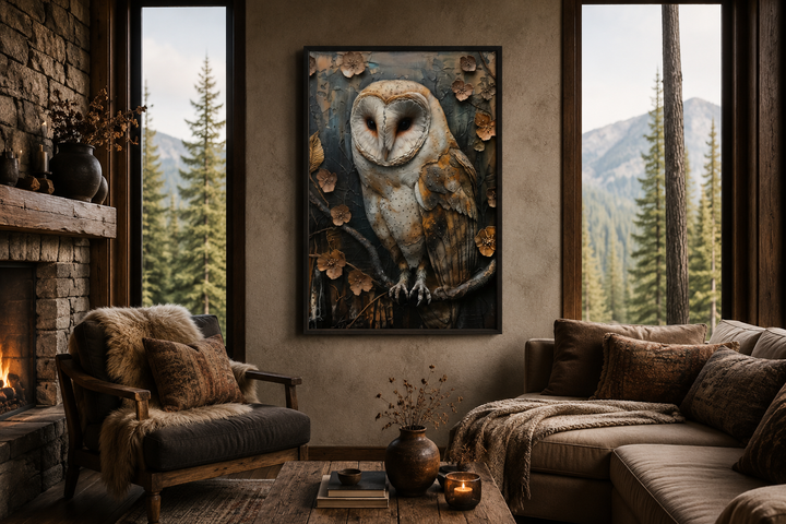 Framed canvas wall art of a detailed barn owl in a rustic farmhouse living room setting.