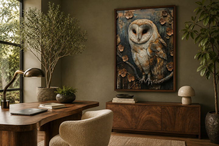 Barn Owl Rustic Farmhouse Framed Canvas Wall Art hanging in a modern home office with wooden desk.